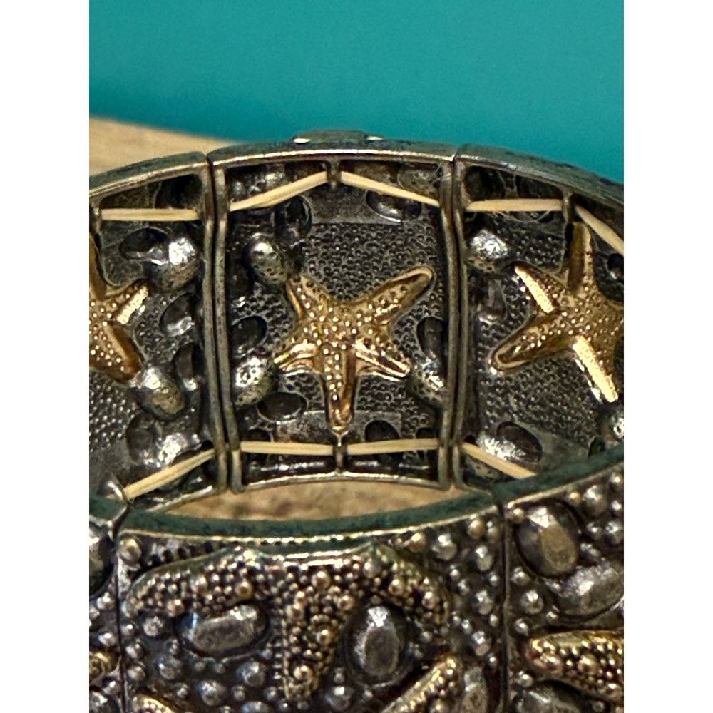 Wide Starfish Stretch Bracelet Coastal Beach Pewter Brass Statement Mermaidcore - Picture 6 of 10